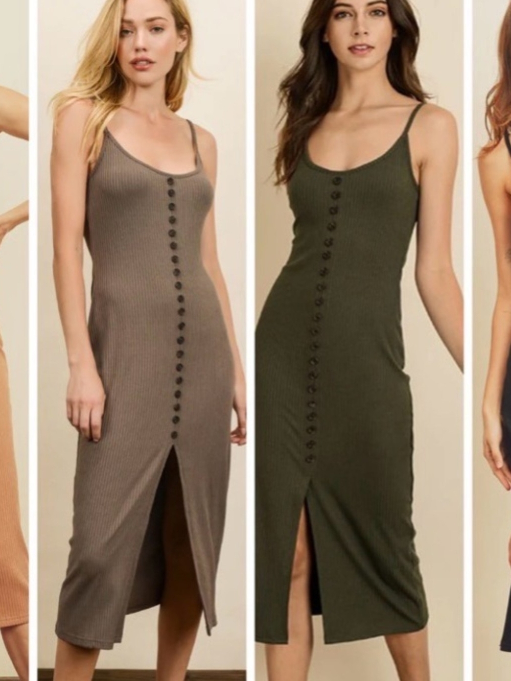 Vici Olive & Taupe Ribbed Button-Front Midi Dress